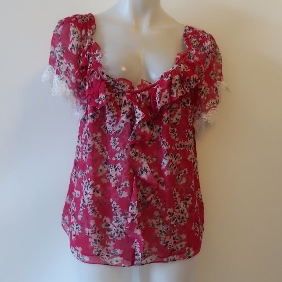 TRY B PINK WHITE FLORAL LACE SILK TOP XS * - Picture 2 of 6